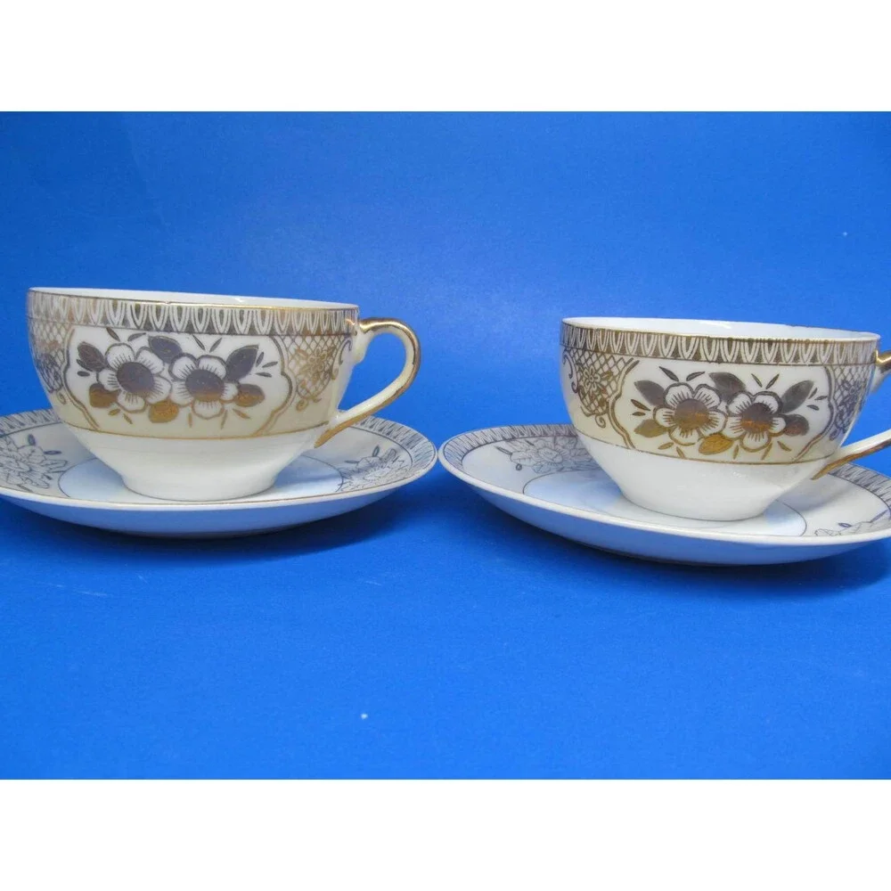 Chikaramachi Japan Vintage Set Of 2 Cups And 8 Saucers CHK3 Pattern Gold Trim GC